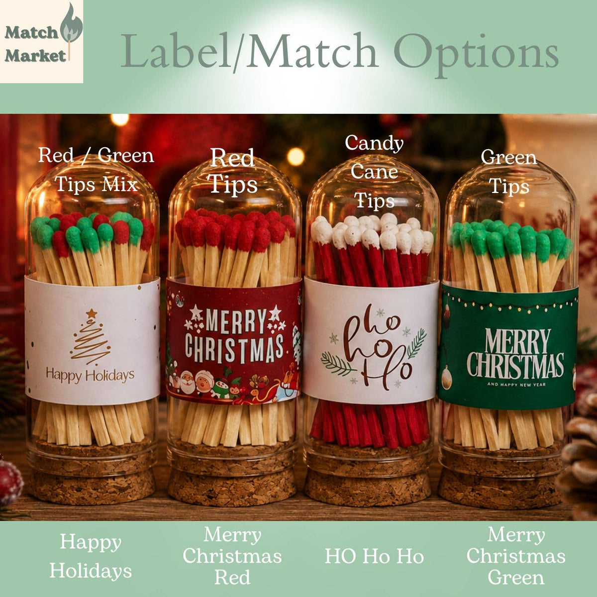 Christmas / Holidays Glass Cloche Matches | 30 Matches: Merry Christmas Red / Candy cane