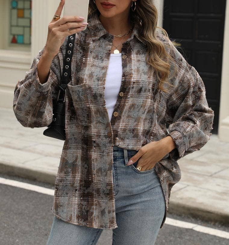 Plaid jacket checked ripped shacket: Green / L