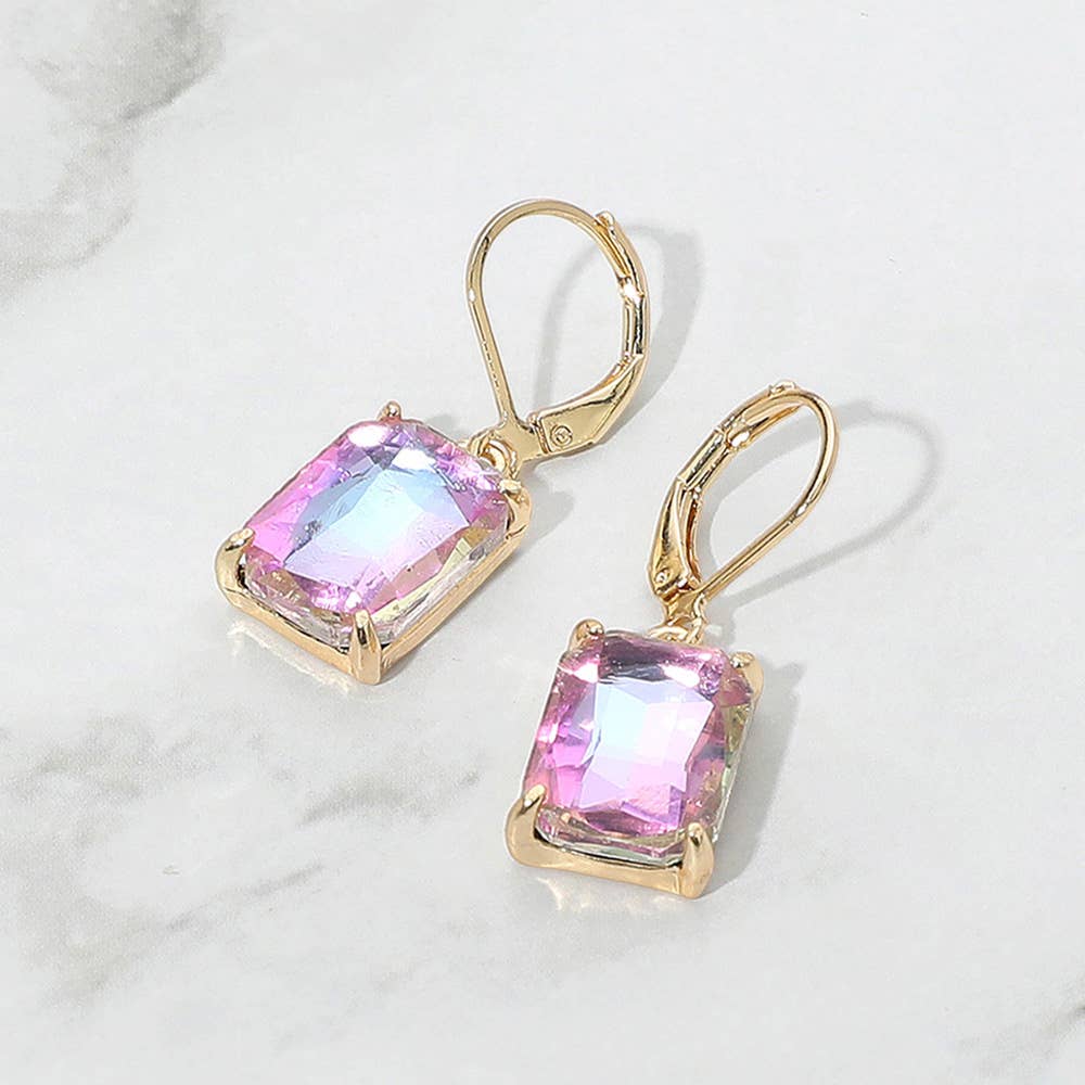 Rectangular Glass Stone Drop Dangle Earrings: Clear,Silver