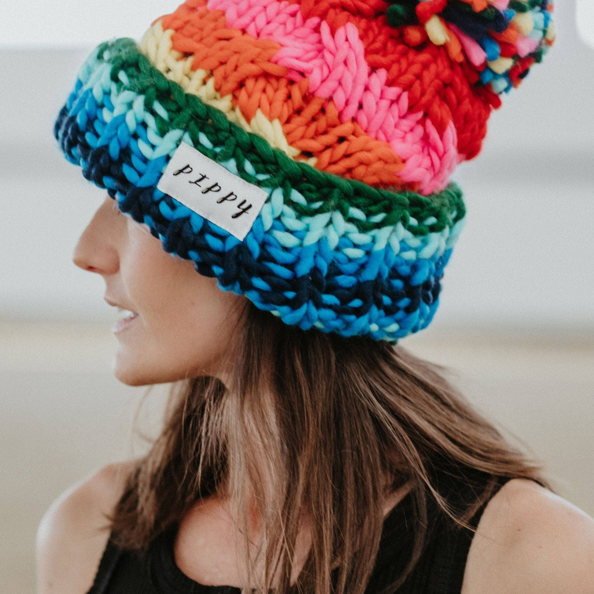 Chunky Rainbow Beanie, Oversized Knitted Hat, Pom-Pom: Rainbow