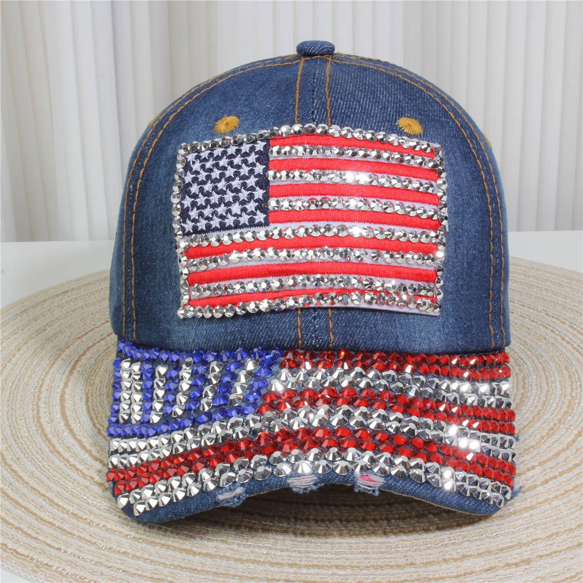 Fourth of July American Flag Rhinestone Baseball Cap: Blue