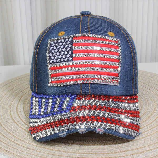 Fourth of July American Flag Rhinestone Baseball Cap: Blue