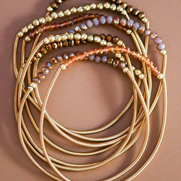 Boho Layered Spring Coil Guitar String Bracelet Set: Brown