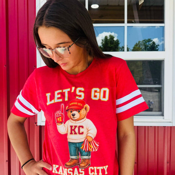 KC Vintage Bear Fan - Let's Go Kansas City - Red Jersey Tee