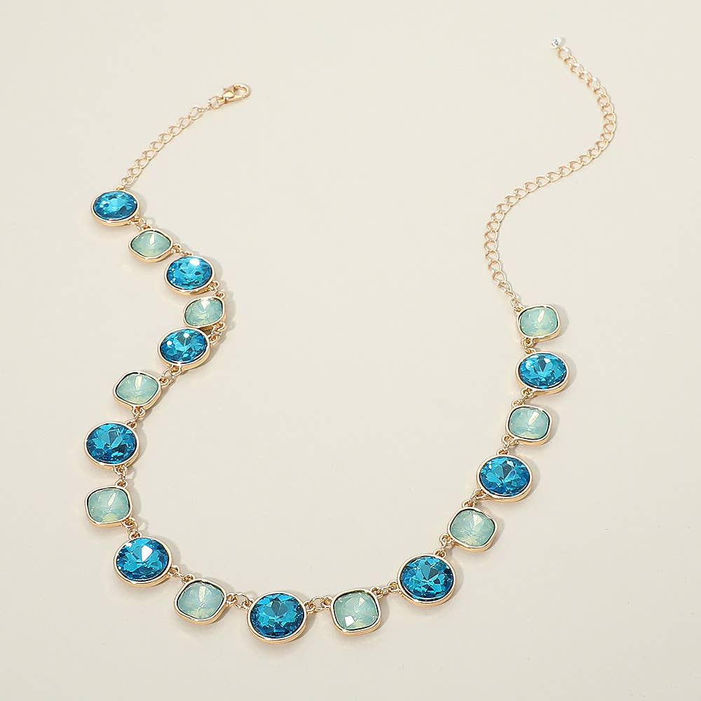Round Square Stone Bezel Cluster Link Necklace: Clear