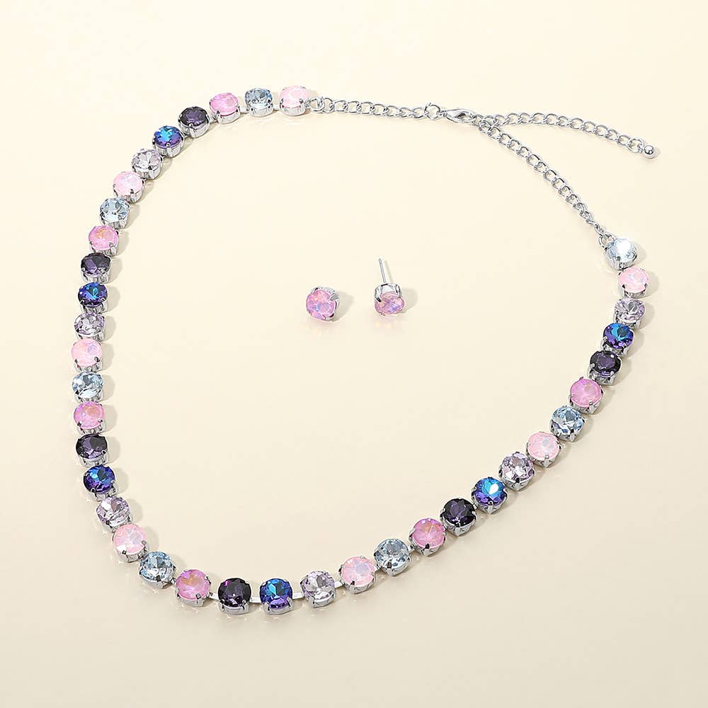 Round Stone Cluster Link Tennis Chain Evening Necklace: Rhodium Lavender