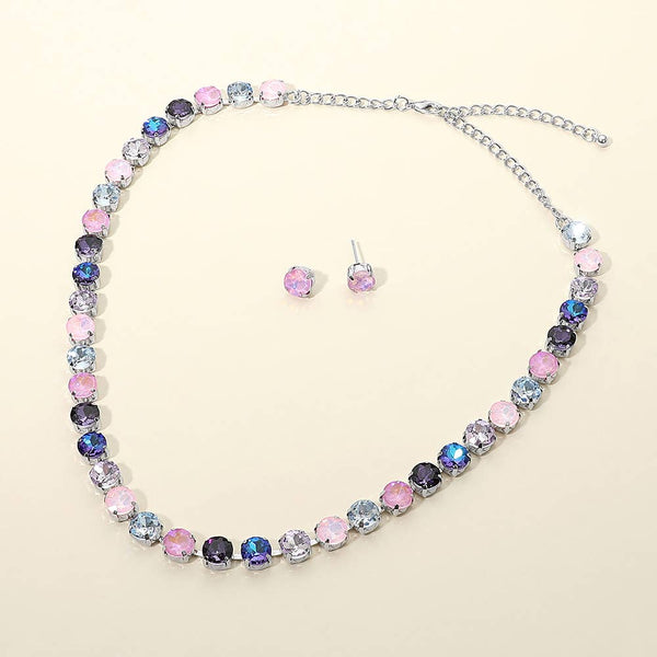Round Stone Cluster Link Tennis Chain Evening Necklace: Rhodium Lavender