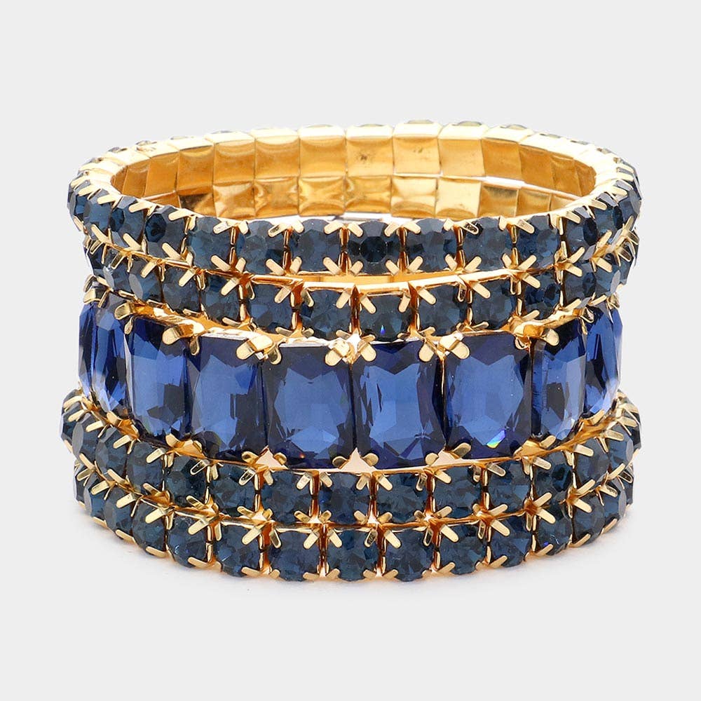 5PCS - Emerald Cut Round Stone Stretch Evening Bracelets: SILVER AB