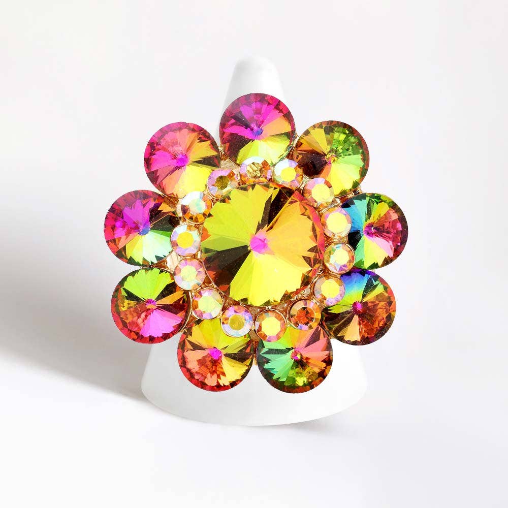 Round Crystal Flower Stretch Ring: Gold