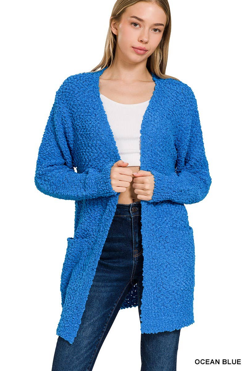 Long Sleeve Popcorn Sweater Cardigan With Pockets: BROWN / 1-1-1-1 (S-M-L-XL)