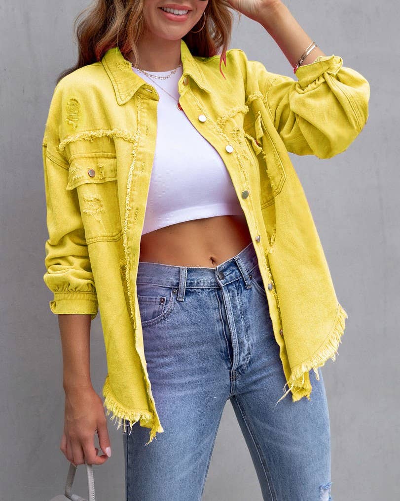 Ripped Loose Denim Jacket: Violet / L