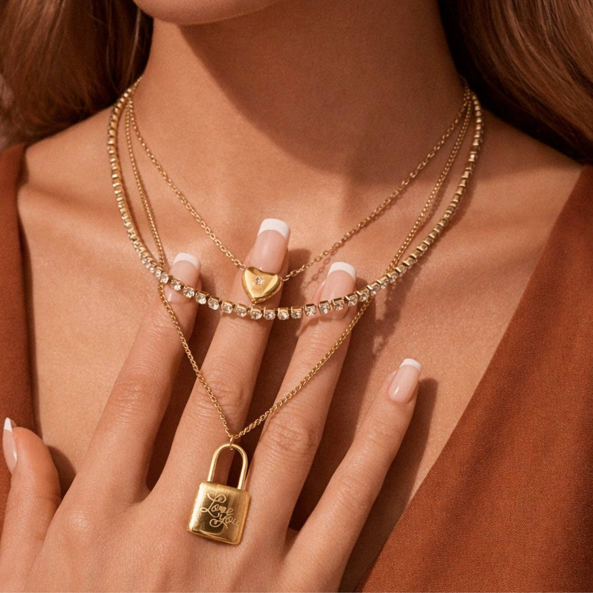18K Gold Plated Stainless Steel Layered Lock Necklace