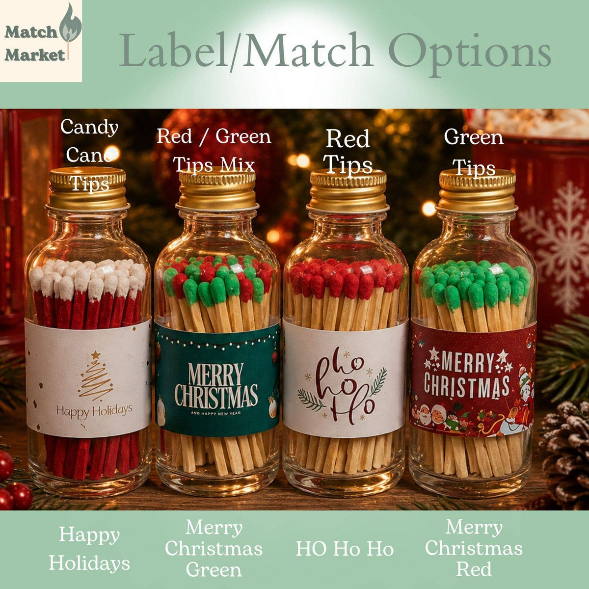 Christmas / Holidays Match Bottles w 50 2" Matches & striker: Happy Holidays / Candy Cane