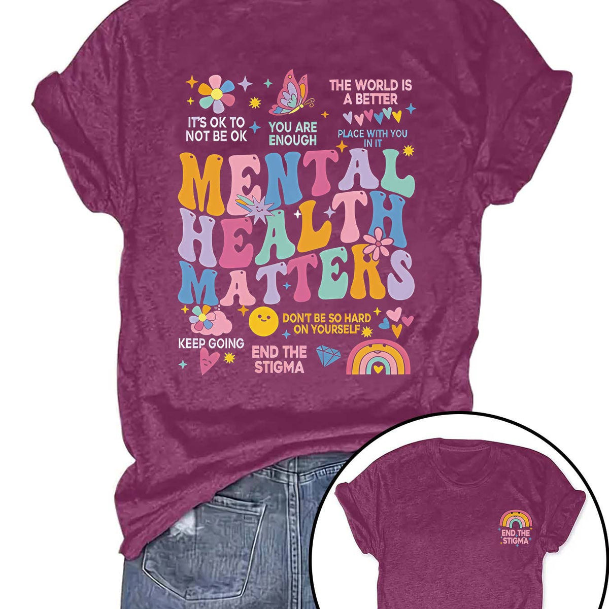 Mental health matters tee in berry.