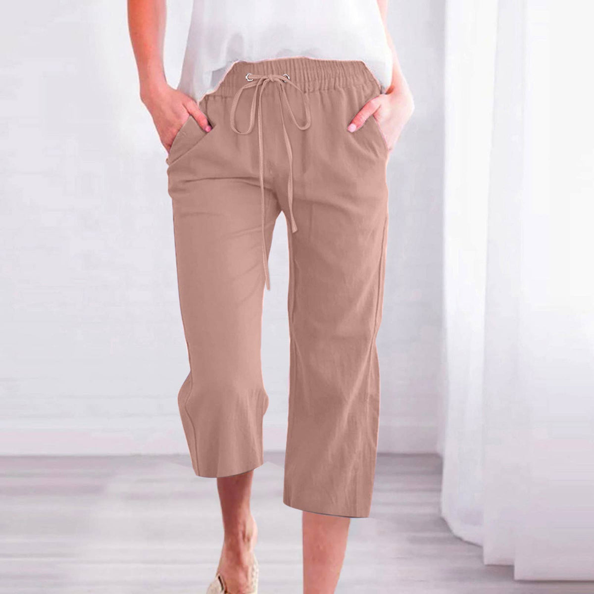 Casual Cropped Pants with Drawstring Waist and Pockets: DarkBlue / L