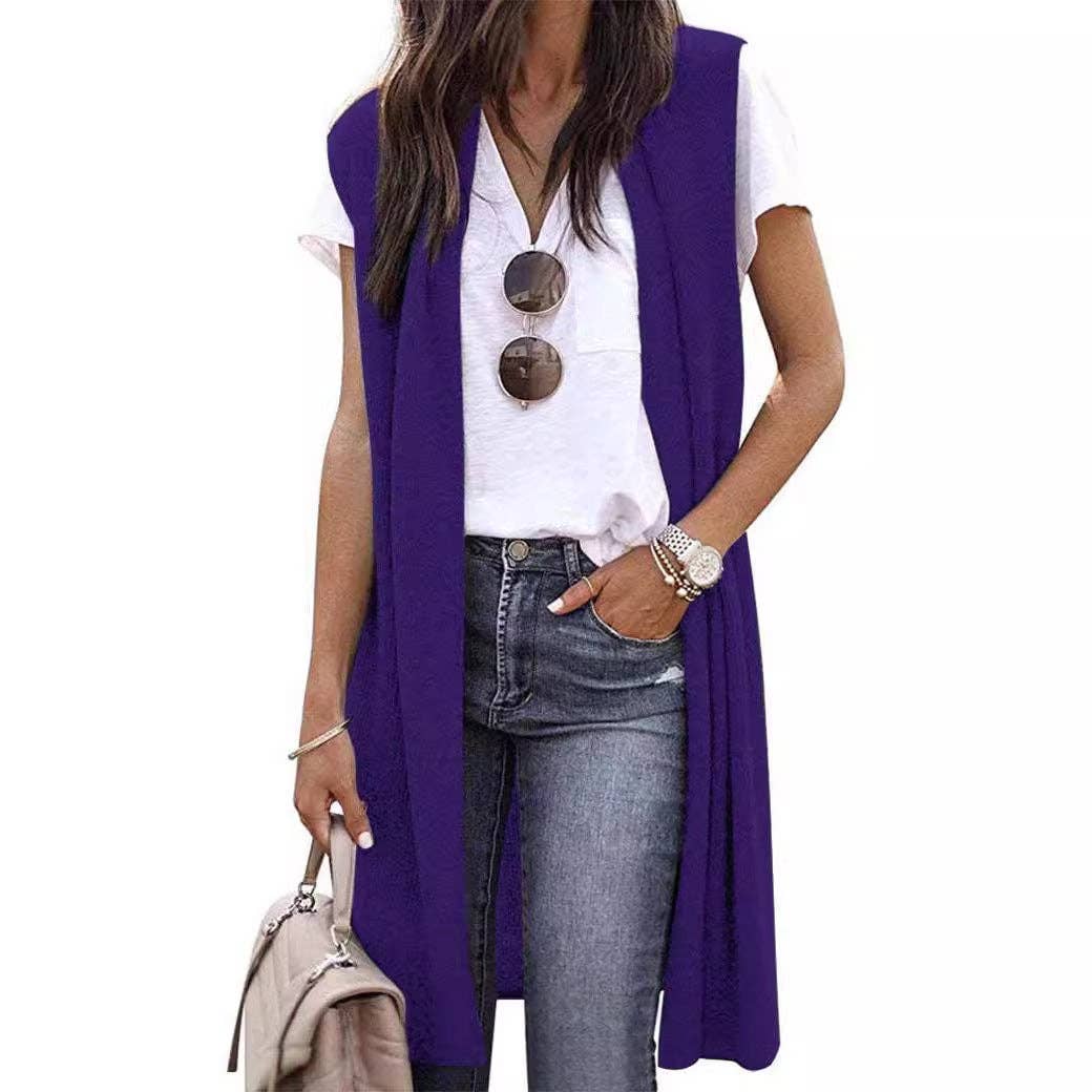 Trendy Longline Sleeveless Cardigan Vest for Women: Purple / L