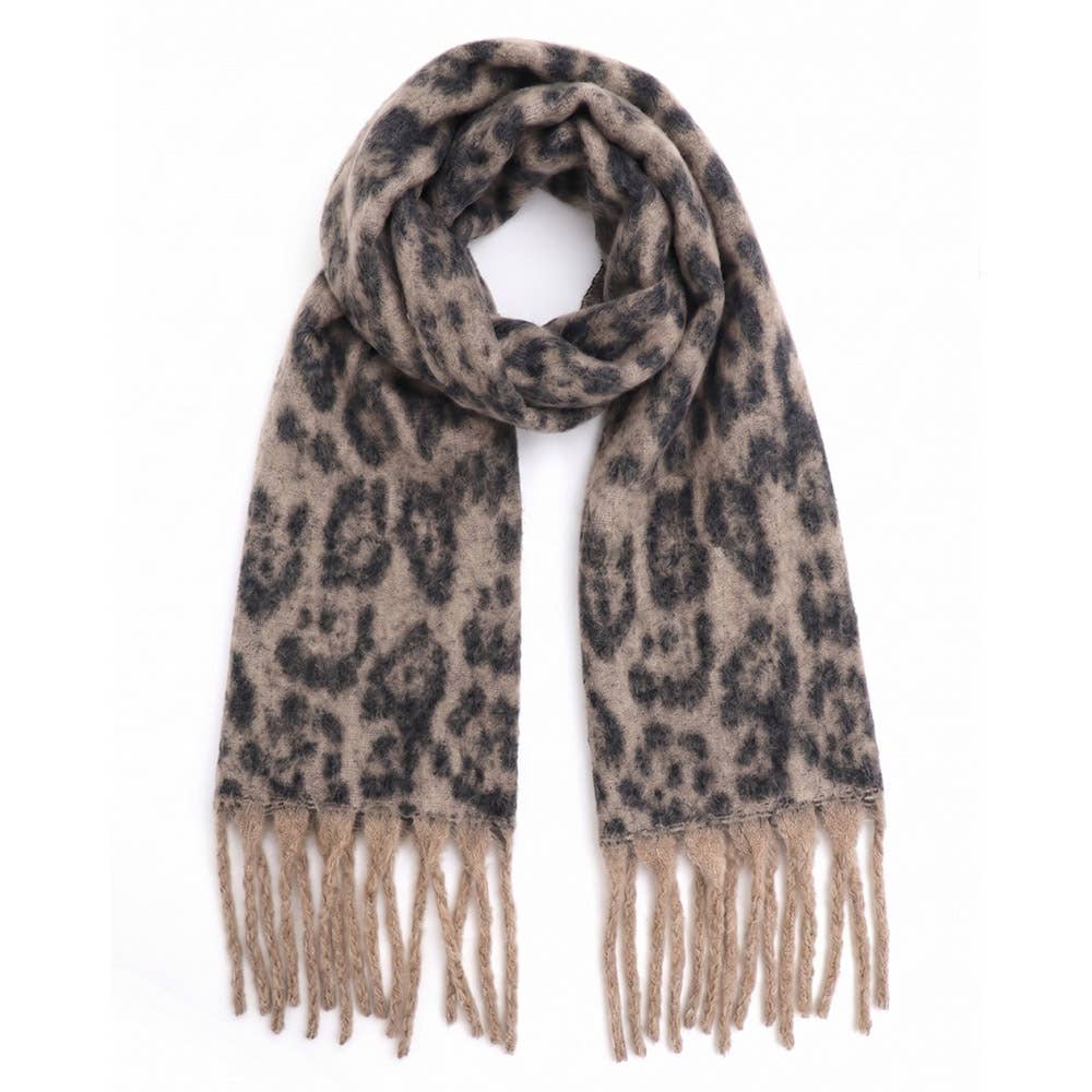 Leopard Animal Print Brushed Fringe Winter Scarf: Beige
