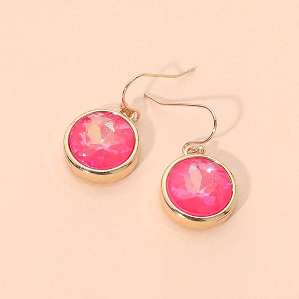 Round Faceted Stone Drop Dangle Earrings: Fuchsia,Gold,Light