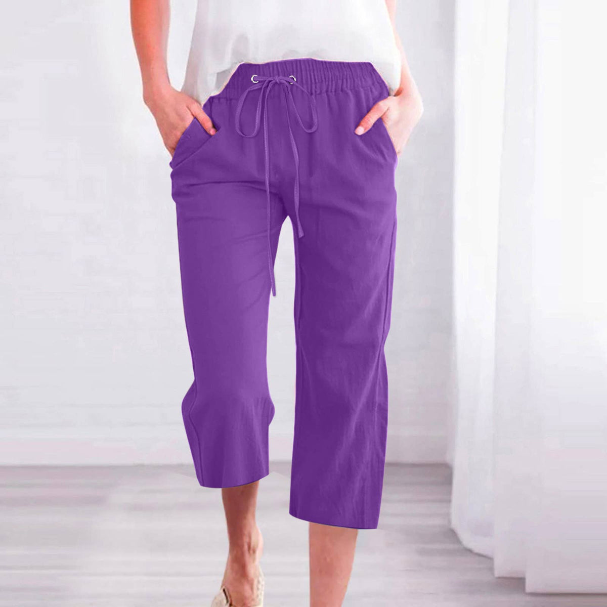 Casual Cropped Pants with Drawstring Waist and Pockets: DarkBlue / L