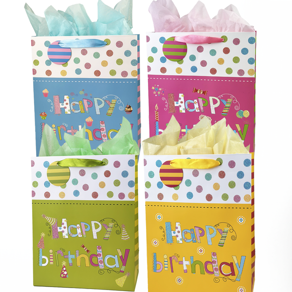 Happy Birthday Gift Bag - dot patterns, assort 4styles: Large
