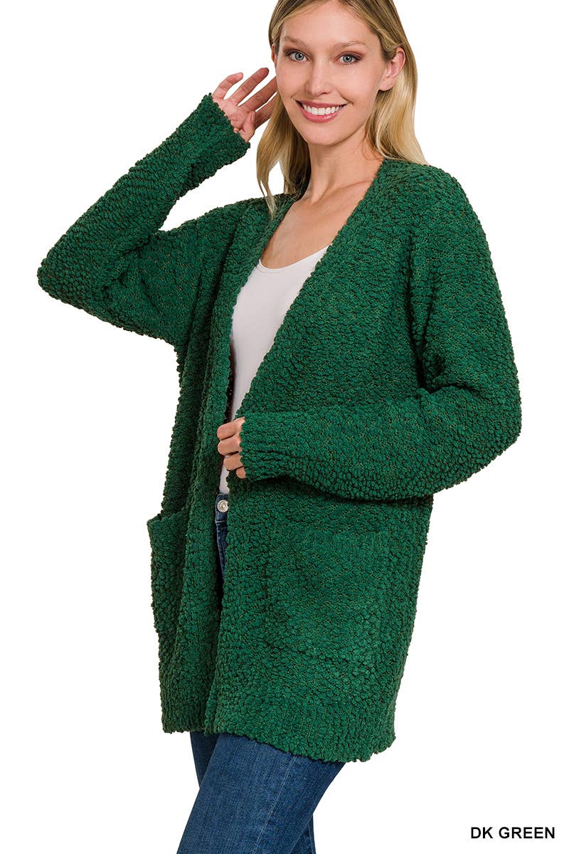 Long Sleeve Popcorn Sweater Cardigan With Pockets: BROWN / 1-1-1-1 (S-M-L-XL)