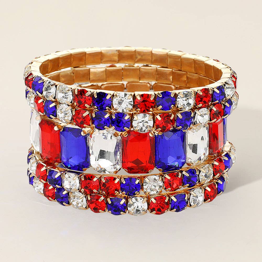 5PCS - Emerald Cut Round Stone Stretch Evening Bracelets: SILVER AB