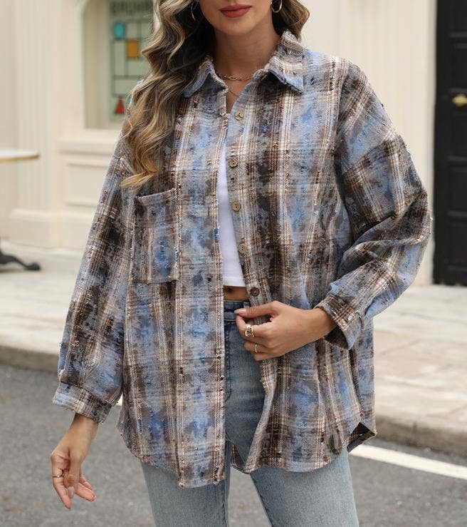 Plaid jacket checked ripped shacket: Red / XL