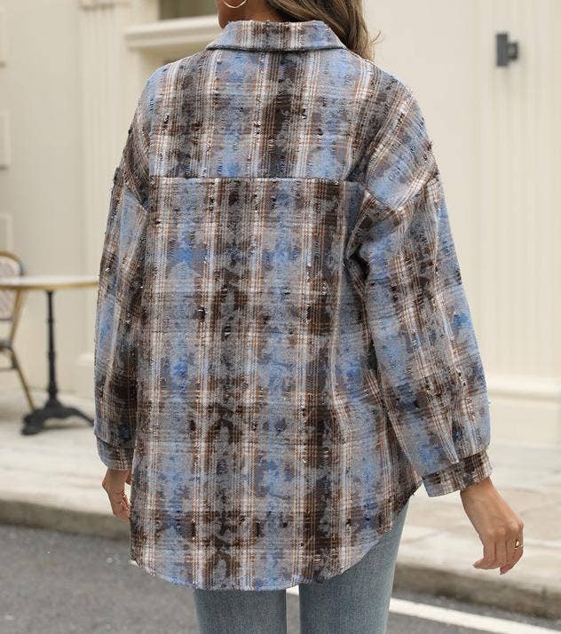 Plaid jacket checked ripped shacket: Red / XL
