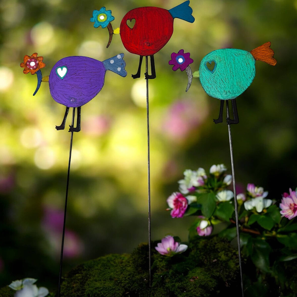Bird flower plant stake garden lawn stake hippie rustic