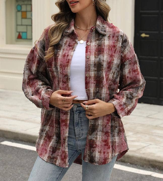 Plaid jacket checked ripped shacket: Green / L