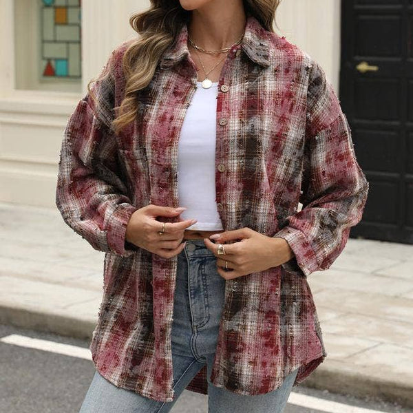 Plaid jacket checked ripped shacket: Red / XL