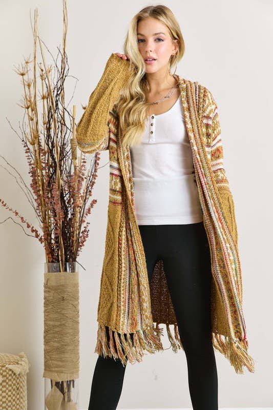 Fringe Hem Aztec Cardigan: RUST / 3-3 (S/M-M/L)