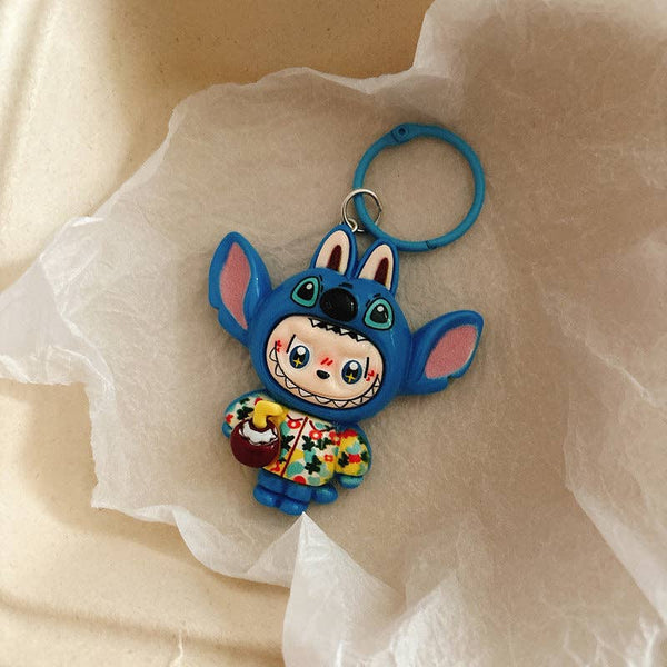 Labubu Silicone Keychain Backpack Charm Cartoon Character Keyring Accessory Gift: Blue Stitch