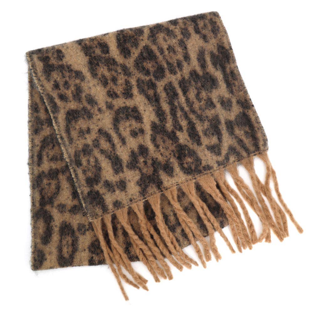 Leopard Animal Print Brushed Fringe Winter Scarf: Beige