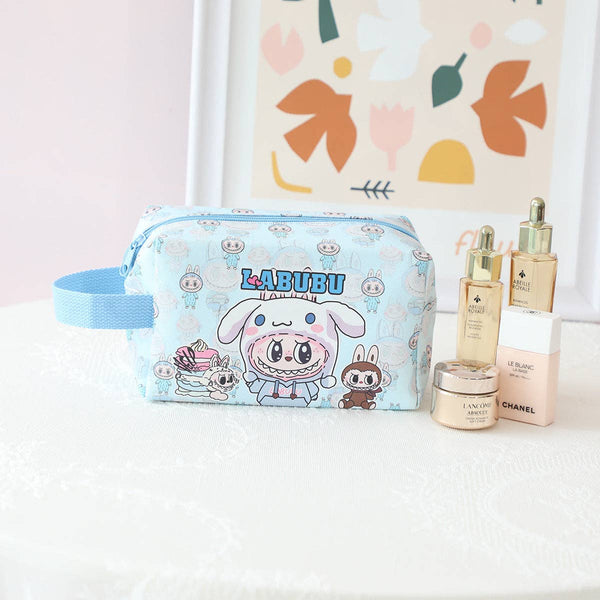 Labubu cute cartoon large capacity cosmetic bag: Blue Labubu with Cinnamoroll hat