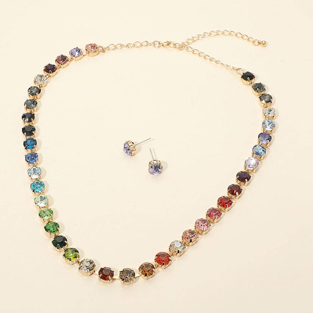 Round Stone Cluster Link Tennis Chain Evening Necklace: Rhodium Lavender