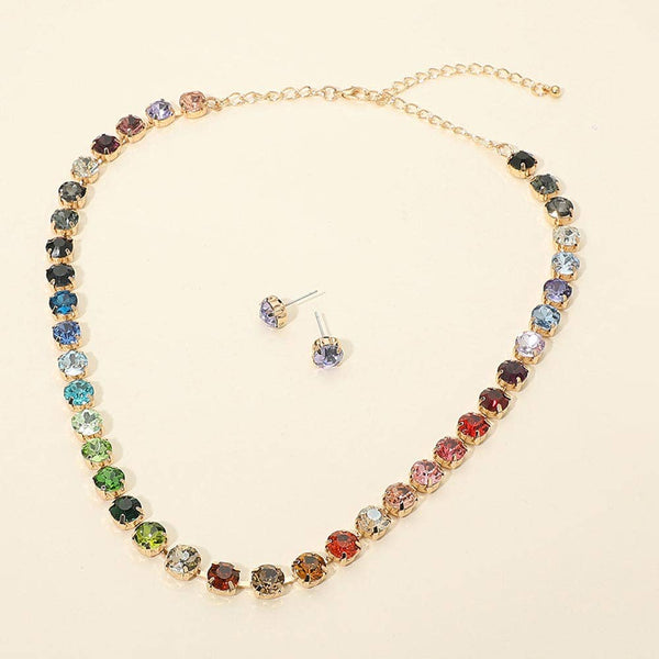 Round Stone Cluster Link Tennis Chain Evening Necklace: Gold,Multi