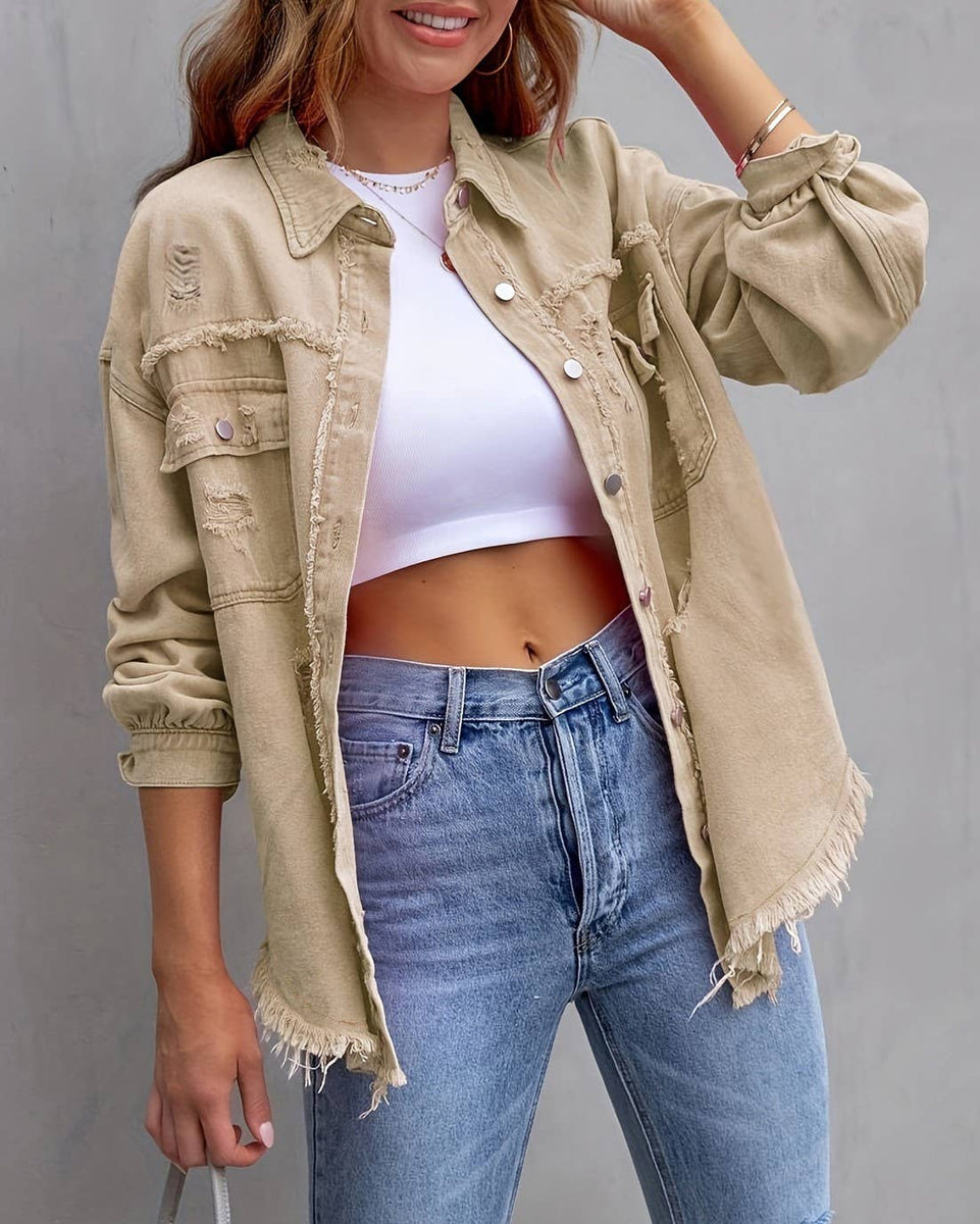 Ripped Loose Denim Jacket: Violet / M