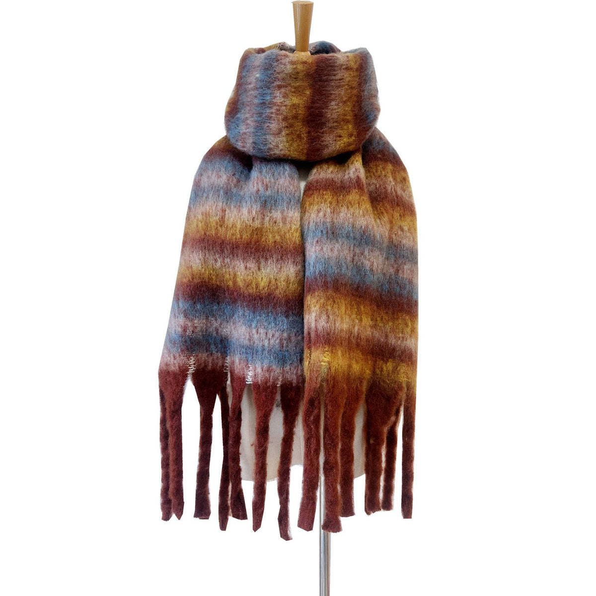Multicolor stripe cozy soft fringe scarf wrap: Beige / M
