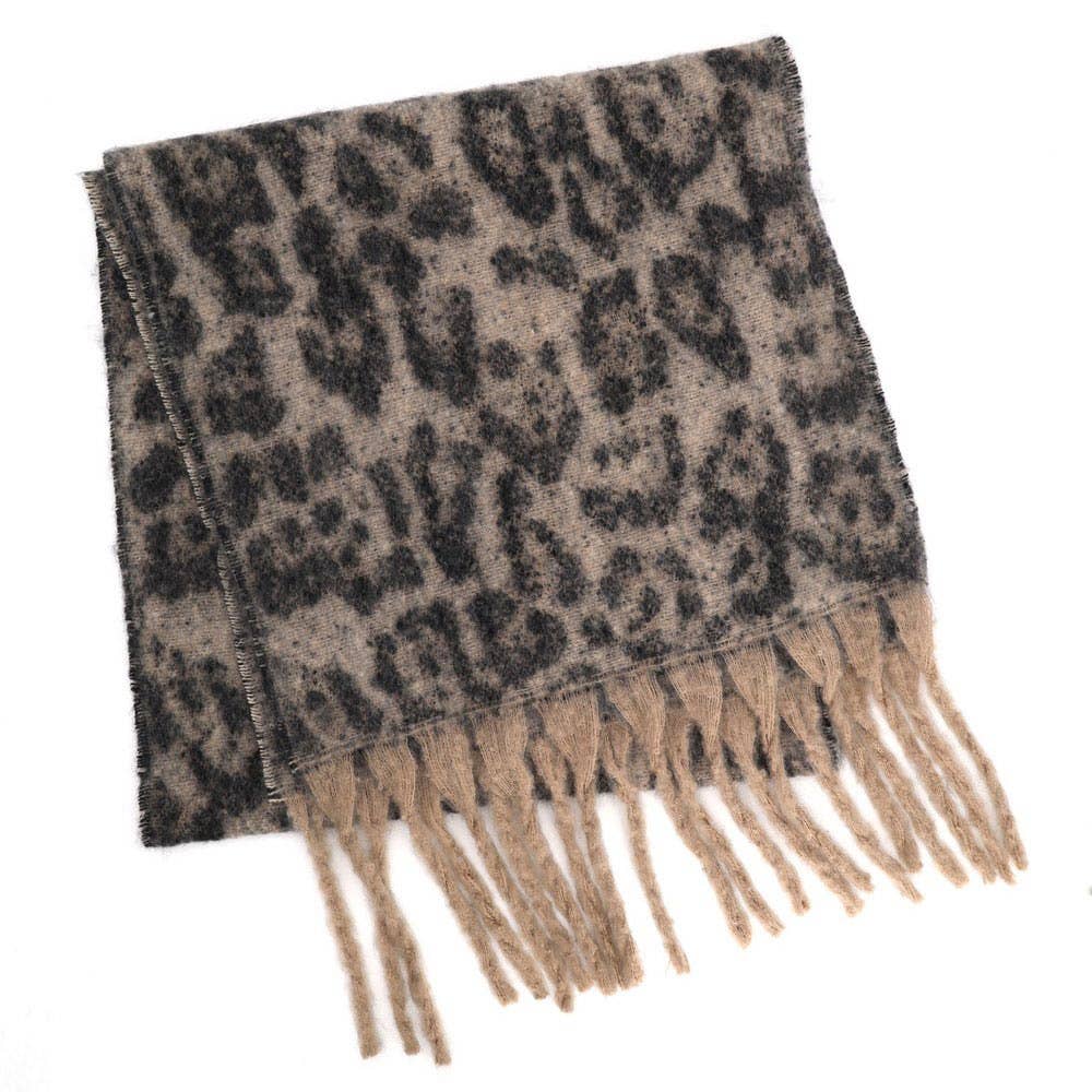 Leopard Animal Print Brushed Fringe Winter Scarf: Beige