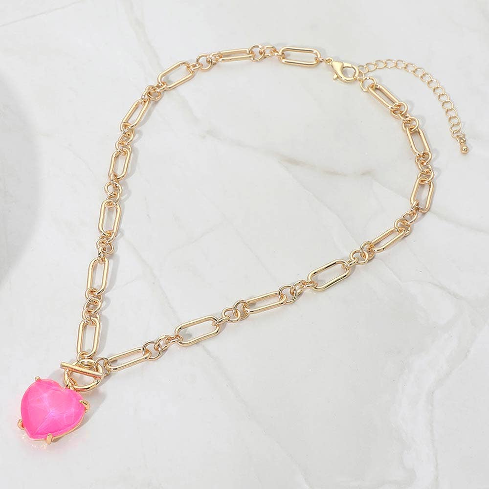 Chunky Heart Stone Cluster Toggle Pendant Necklace: Fuchsia,Neon