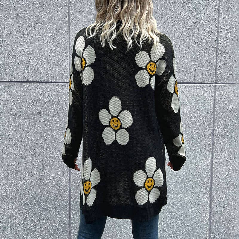 Medium Length Floral Cardigan: Black