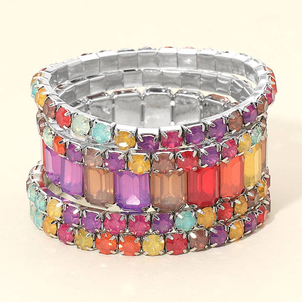 5PCS - Emerald Cut Round Stone Stretch Evening Bracelets: GOLD CLEAR
