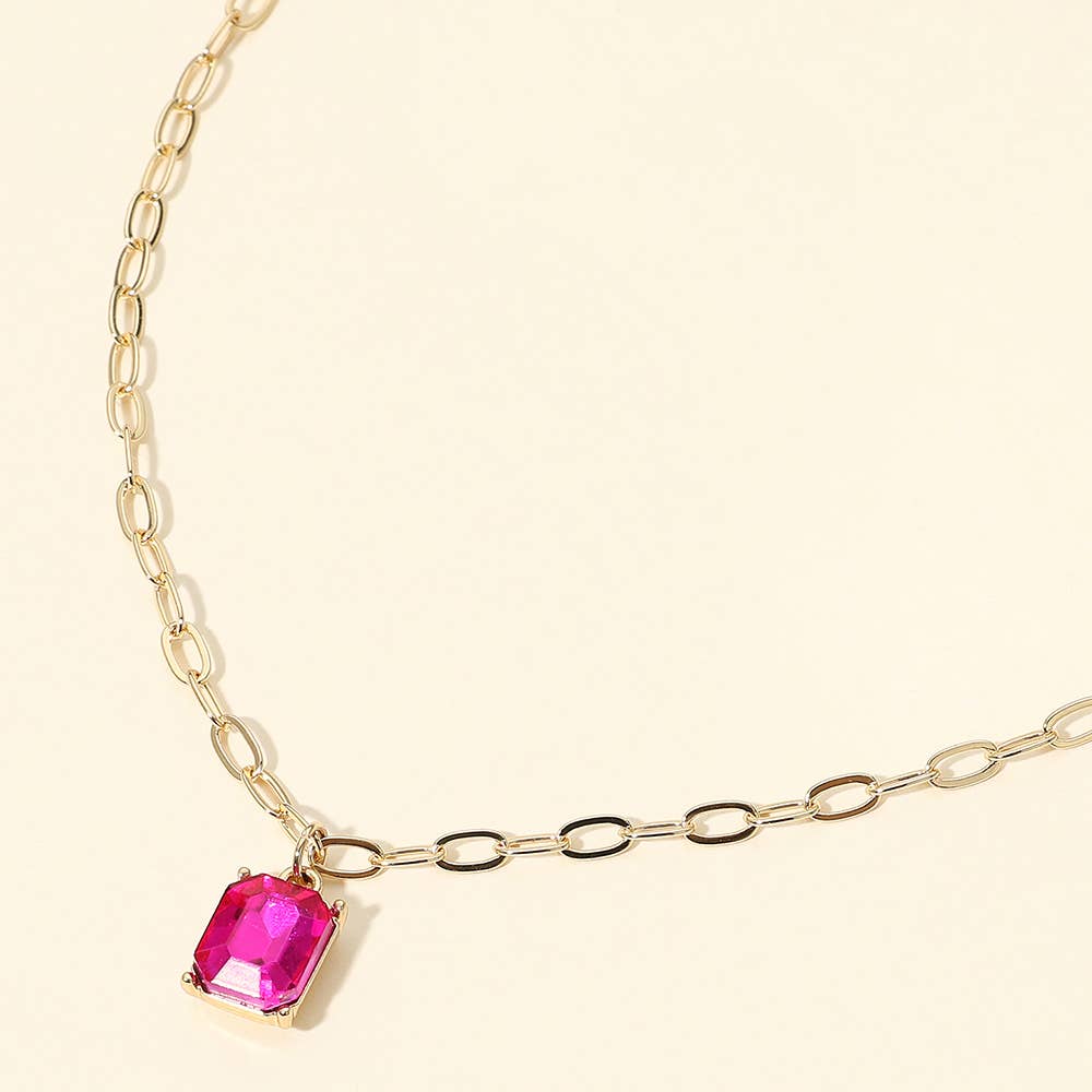 Faceted Rectangular Gem Pendant Paperclip Chain Necklace: Fuchsia,Gold