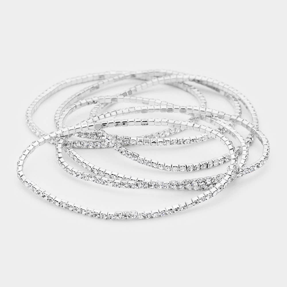 6PCS - Rhinestone Stretch Evening Bracelets: Clear,Silver