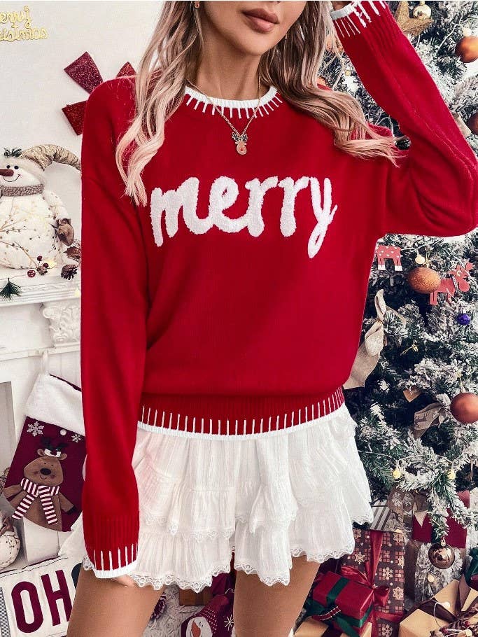 Merry Christmas Contrast Stitch Knit Sweater: RoseRed / M