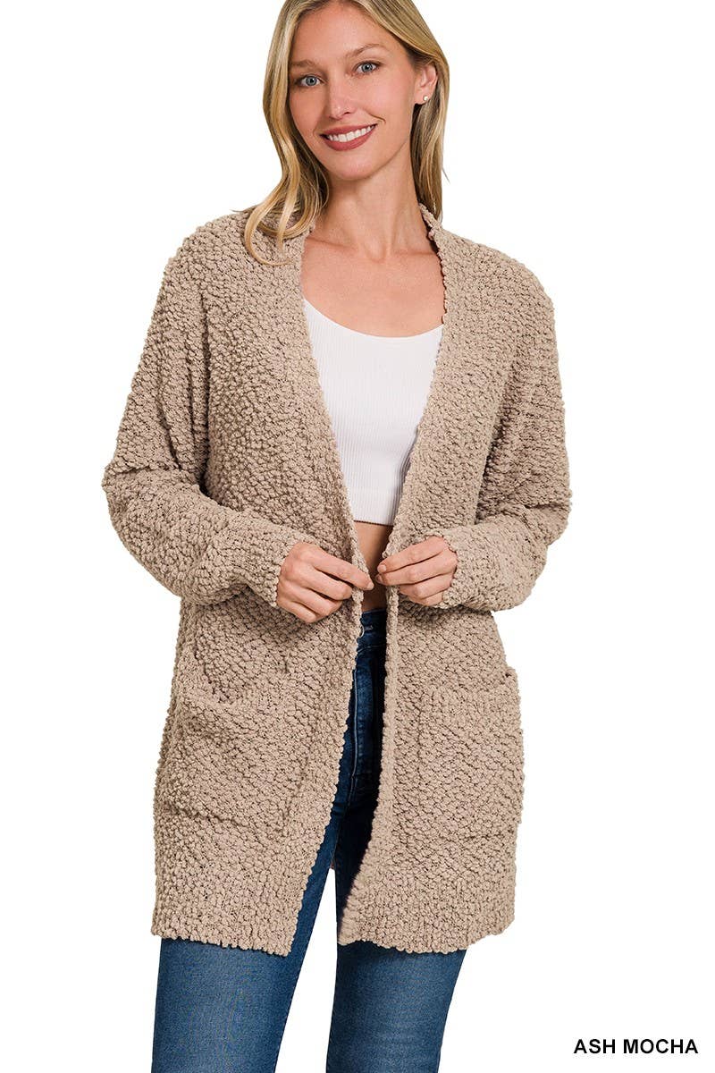 Long Sleeve Popcorn Sweater Cardigan With Pockets: ASH JADE / 1-1-1-1 (S-M-L-XL)