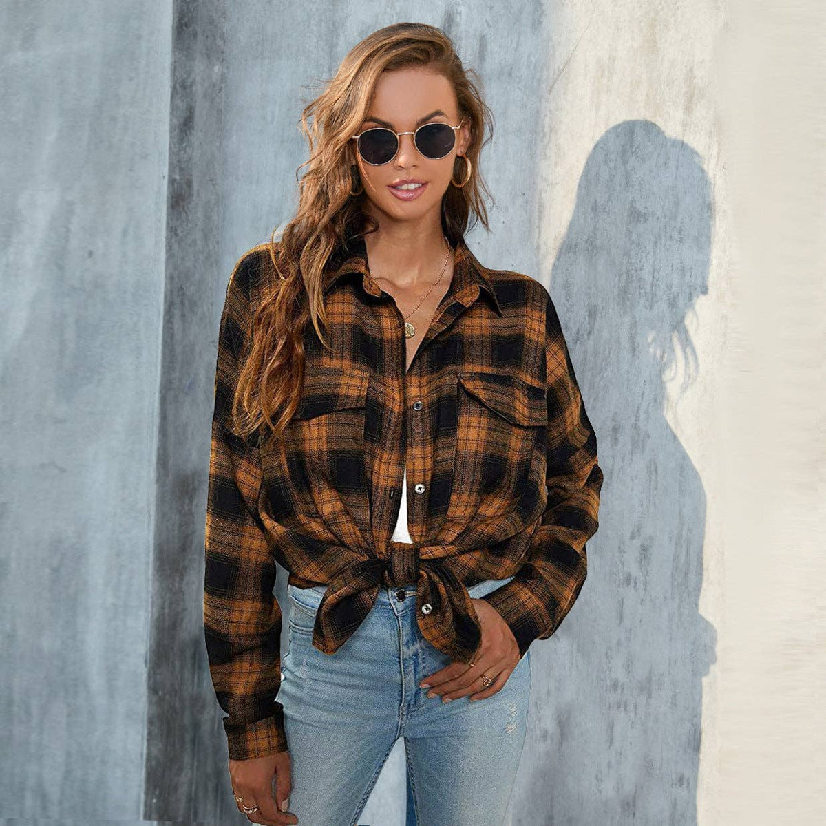 Plaid Button-Up Shirt Jacket: Pink / L