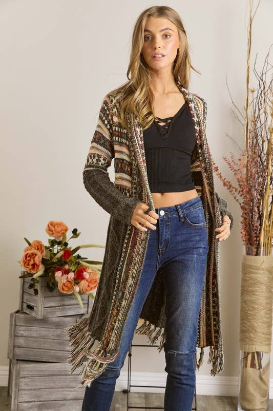 Fringe Hem Aztec Cardigan: RUST / 3-3 (S/M-M/L)