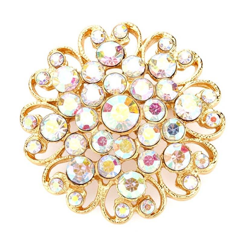 Blooming Flower Rhinestone Brooch Pin: Silver-Fuchsia